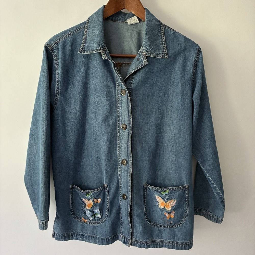 VTG Long Sleeve Denim Shacket Women's Medium Embroidered Cottagecore Grandma